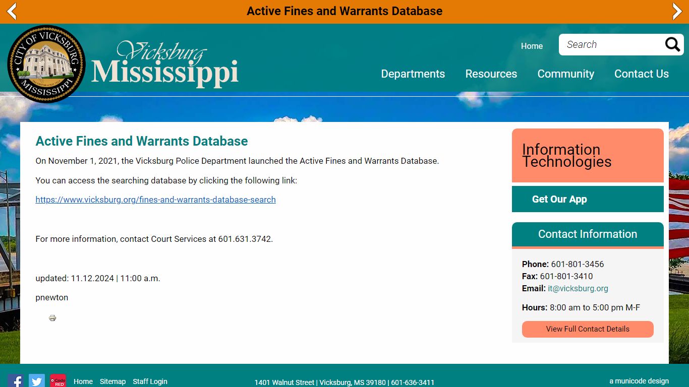 Active Fines and Warrants Database - City of Vicksburg, Mississippi